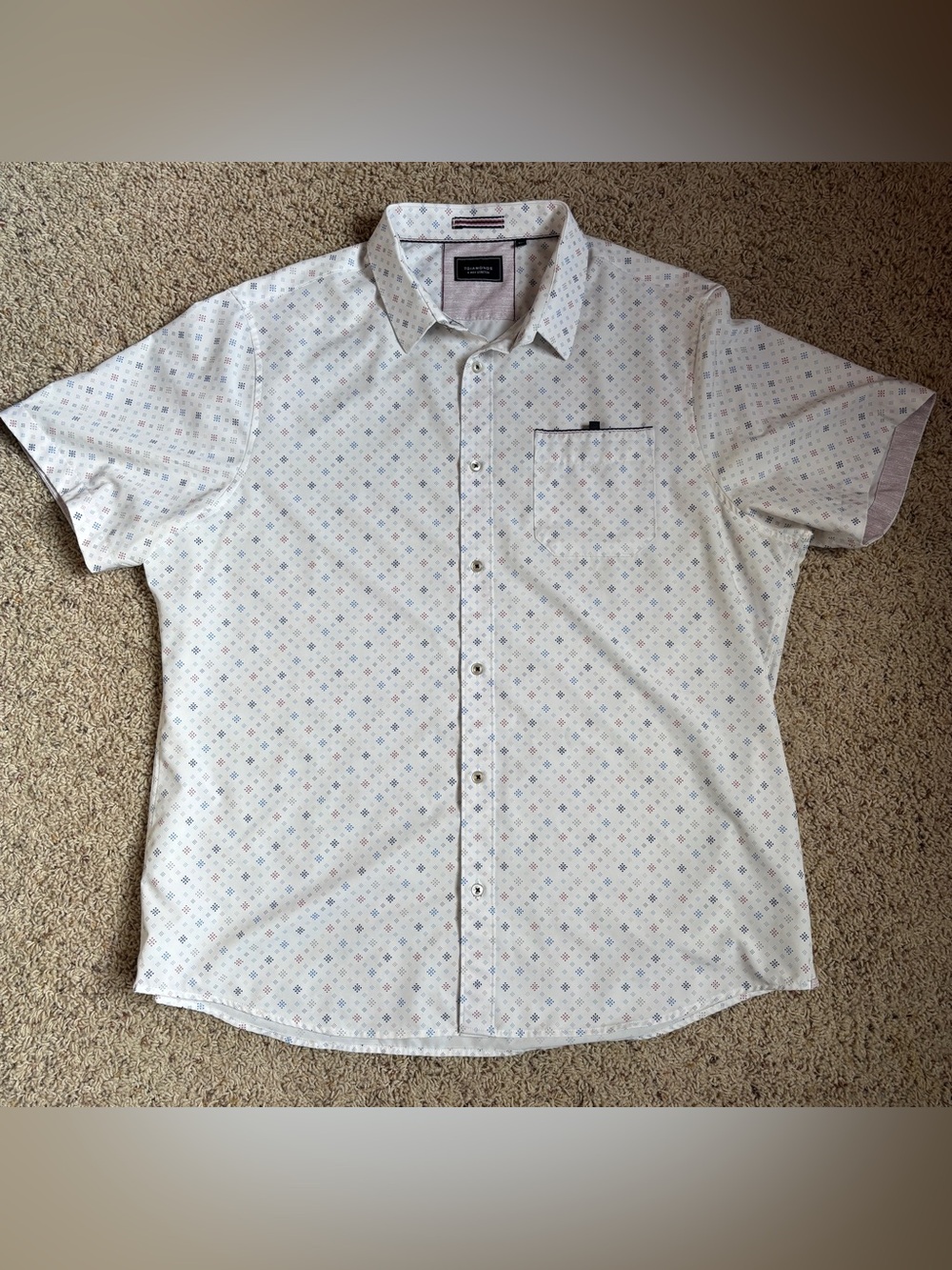 7 Diamonds White Short-Sleeve Button-Down Shirt with Blue and Red Micro-Print